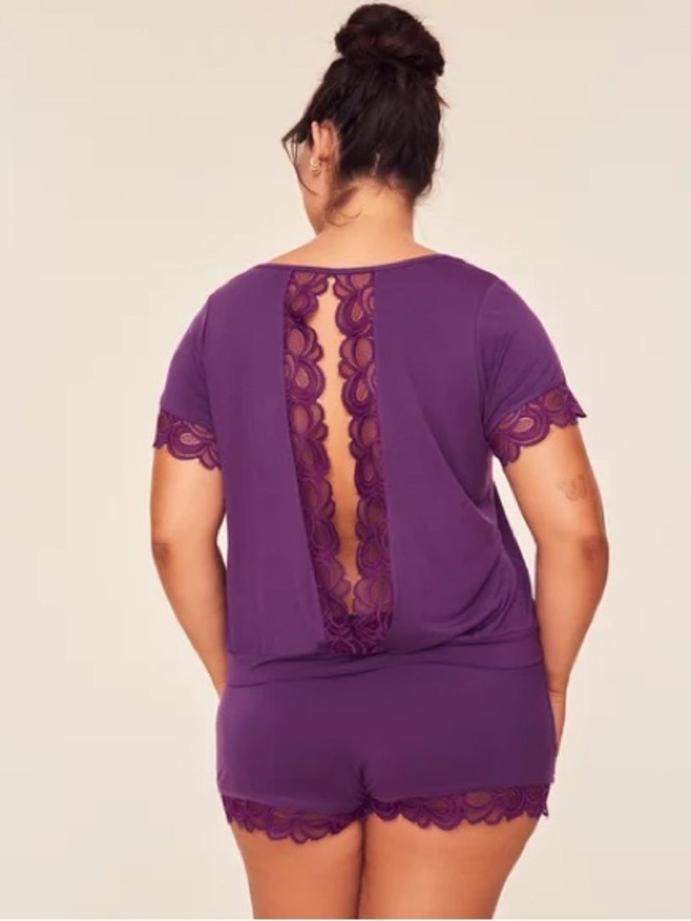 Adore Me Women's Purple Scoop Neck Top with open back and matching shorts